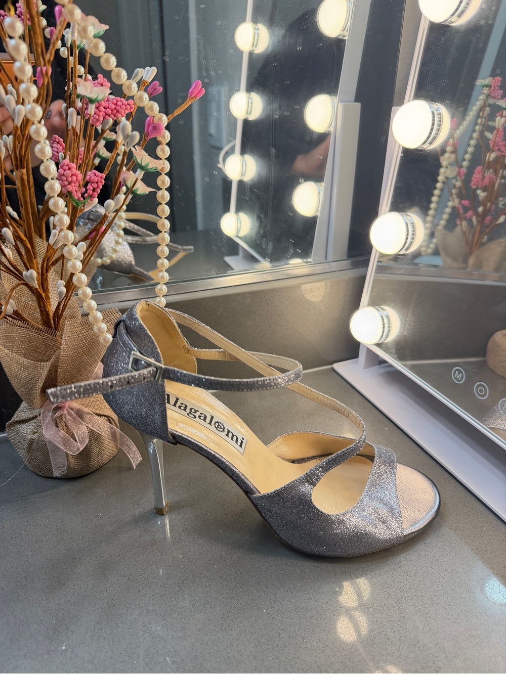 Dark Silver Glitter Open-Back Heels for Tango Dancing by Alagalomi